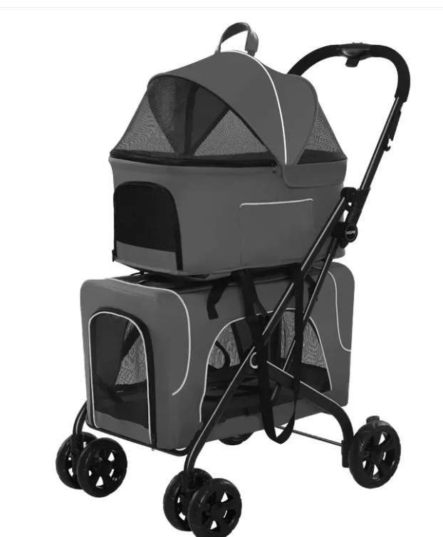 Small Dog Lightweight Folding Trolley: gray, two-level stroller with top carrier and lower mesh; steel frame