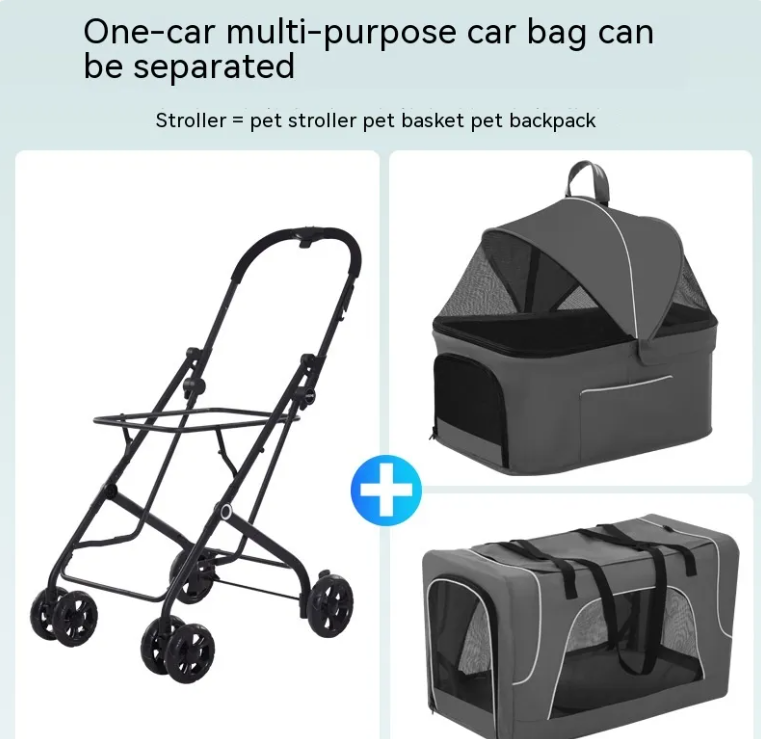Small dog lightweight folding trolley stroller with steel frame, 600D Oxford cloth, and mesh panels.