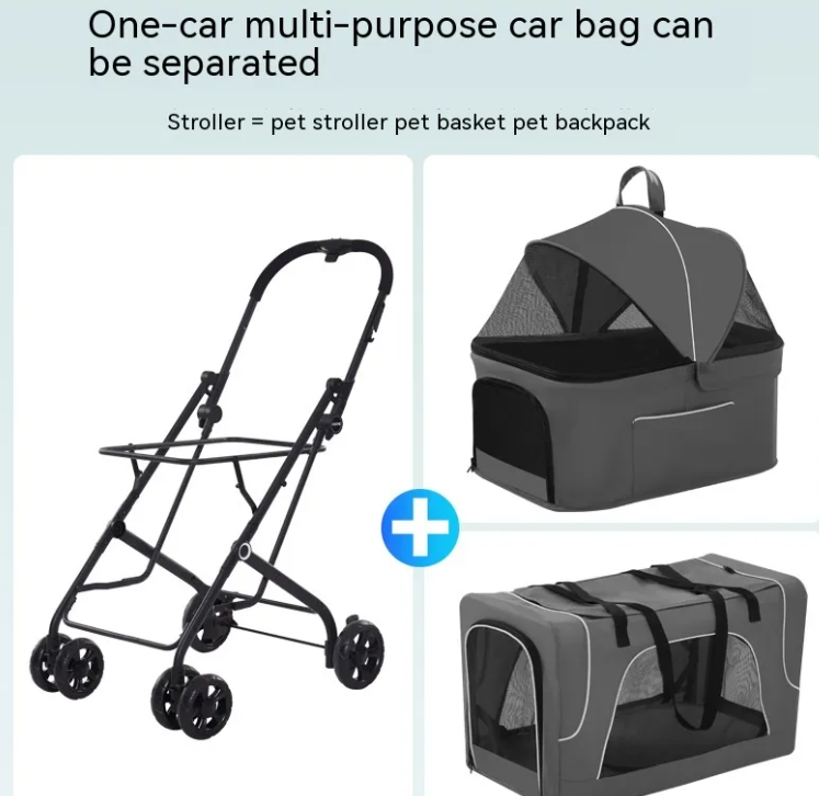 Small Dog Lightweight Folding Trolley with steel frame and two carriers: mesh-top canopy and soft bag.