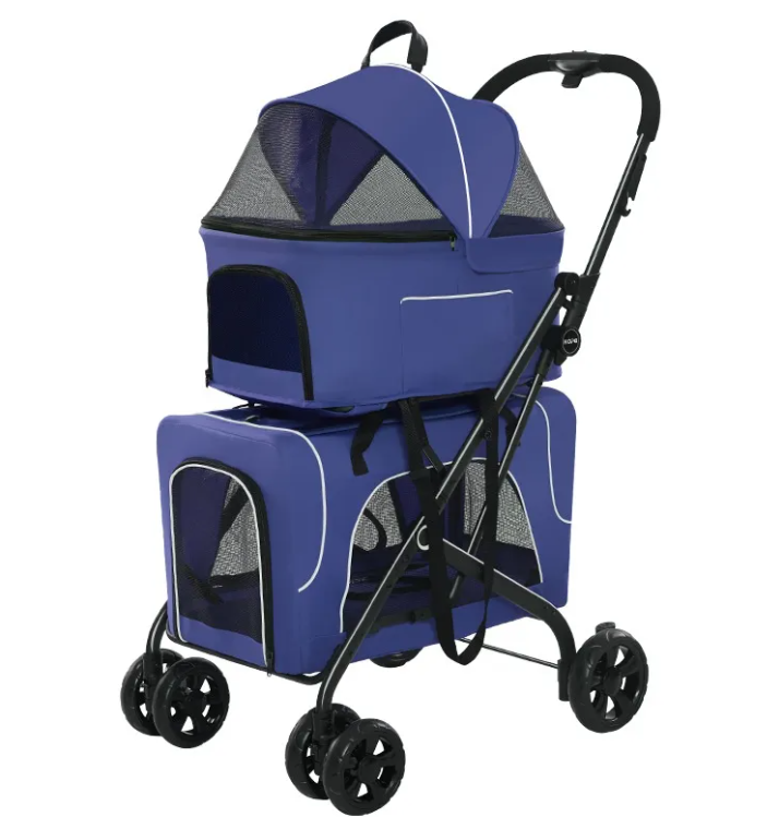 Blue small-dog folding trolley stroller with dual mesh compartments on a black frame